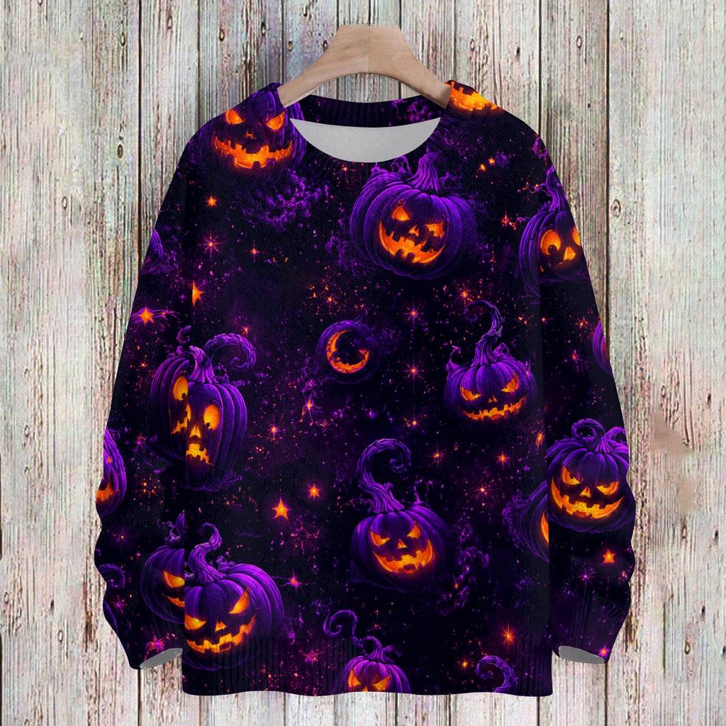 Women's Long Sleeve Halloween Print Sweater, Casual Round Neck Knit Top