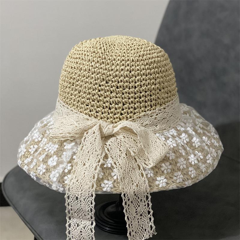 

Small fresh and versatile lace strap bow hat women s summer outing big brim beach hat straw hat women s summer M（56-58cm） бежевый