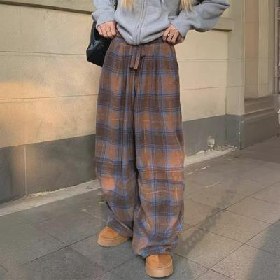Damen Retro Weitbeinige Karohose - Sandgestrahlt, Lässig, Bodenlang, Schlank, für Frühling & Herbst