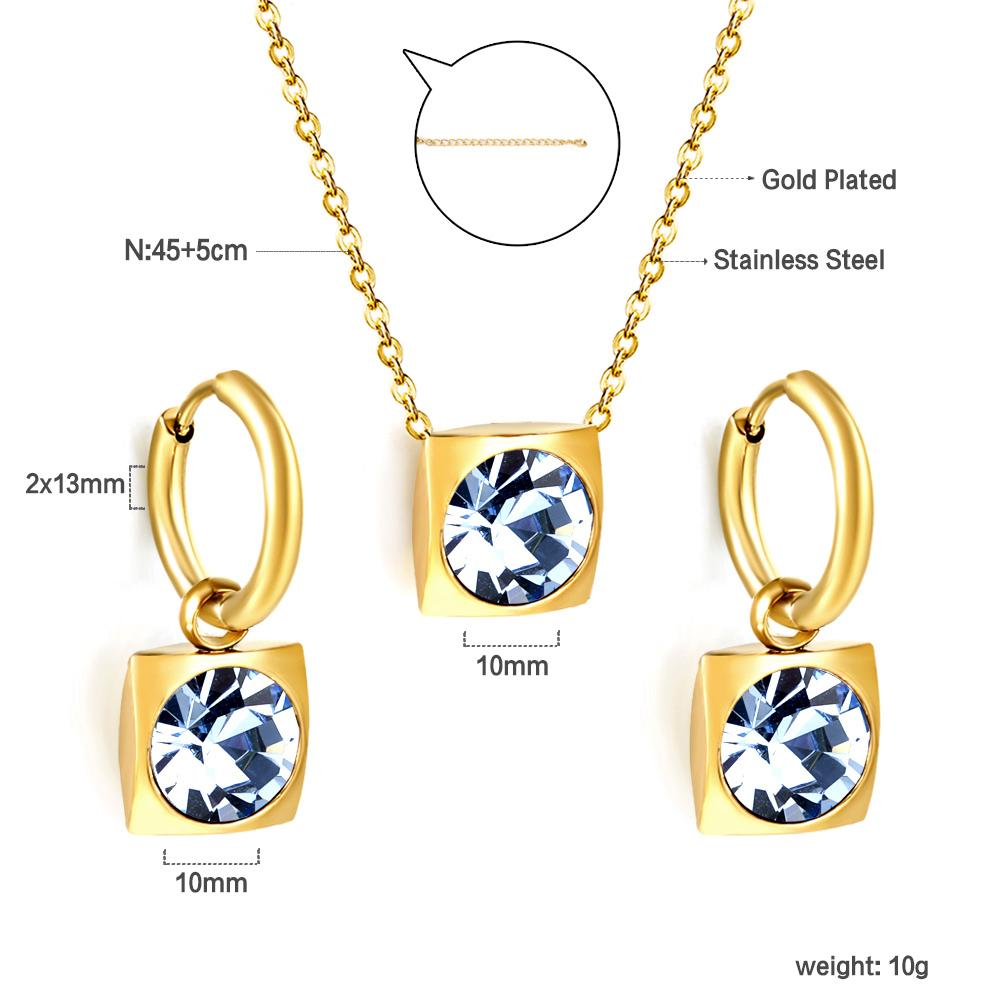 Square Multiple Color Crystal Pendant Necklace Earrings Set Stainless Steel Zircon Set 2Pcs For Women Party Gifts Free Shipping