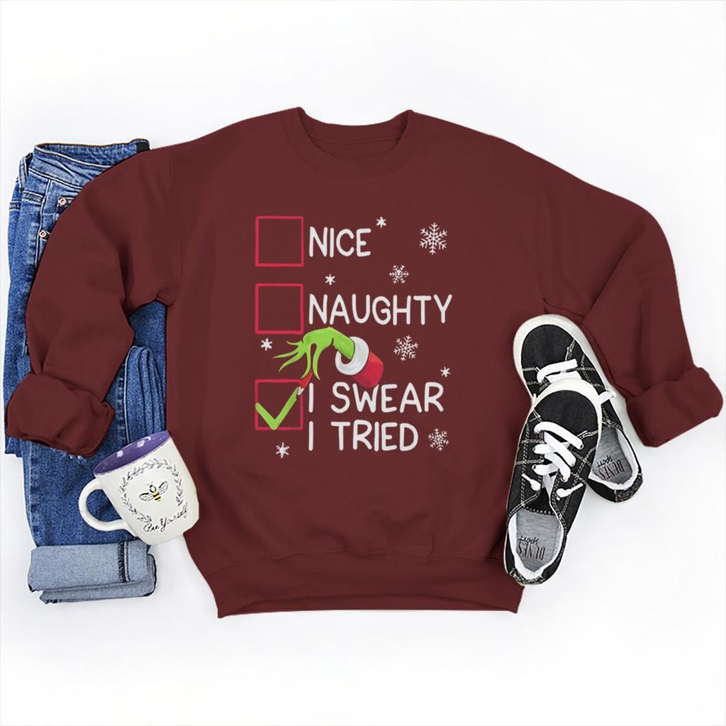 Weihnachten Nett Unartig Ich Habe Es Versucht Aufdruck Damen Sweatshirt Wintermode Damen Langarm Rundhals Damen Weihnachten Sweatshirts