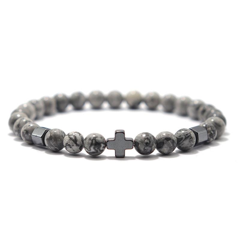 2pcs Men Bracelet Set Hematite Cross Braslet For Hombre Natural Lava Tiger Eyes Stone Braclet Homme Beaded Brazalete Pulseira