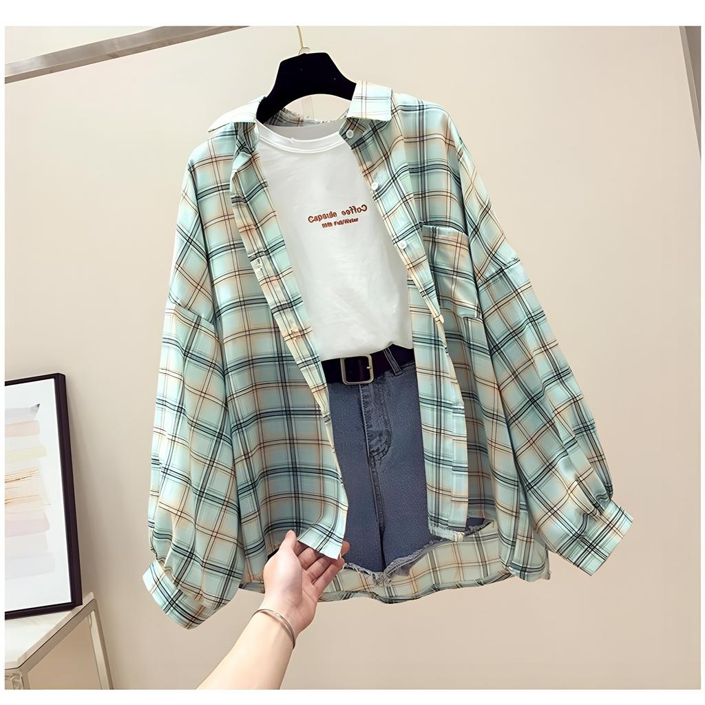 Spring Summer Fashion Women's Vintage Plaid Chiffon Blouse - Long Sleeve Loose Casual Shirt for Sun Protection & Daily Wear shirts