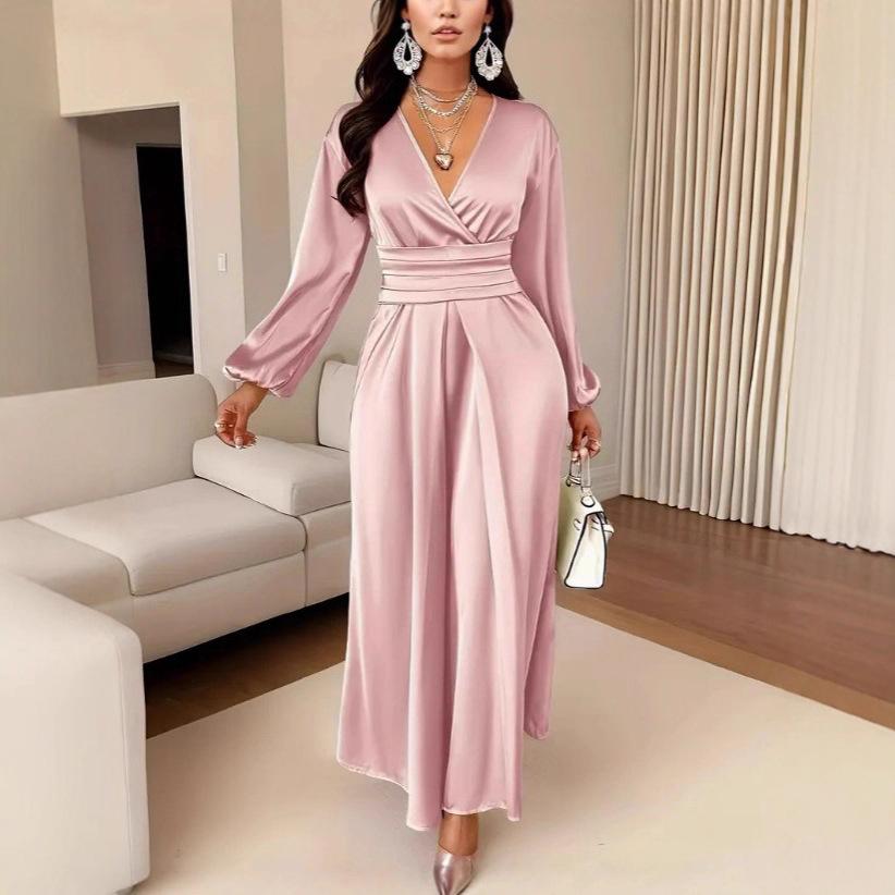 Women's Satin V Neck Wrap Lantern Sleeve Bandage Waist Pleated Maxi Dress Solid Color Casual Dress
