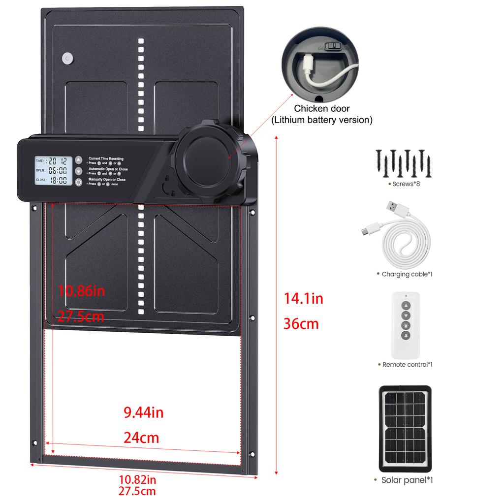 Solar Automatic Chicken Coop Door with LCD Screen, light Sensor/ Timer/ Remote Control Auto Chicken Doors Anti Pinch Waterproof