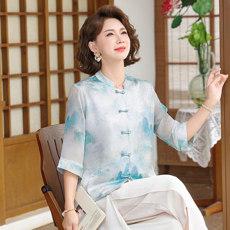 Spring/Summer Elegant Chiffon Top for Middle-Aged and Elderly Women 3XL (for 115-130 jin) синий