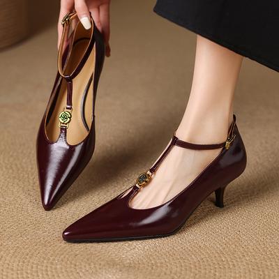 Fashion 2025 Spring Women Pumps Women Shoes Pointed Toe Thin Heel High Heels Mary Janes Ladies Shoes Genuine Leather Red Wedding Shoes