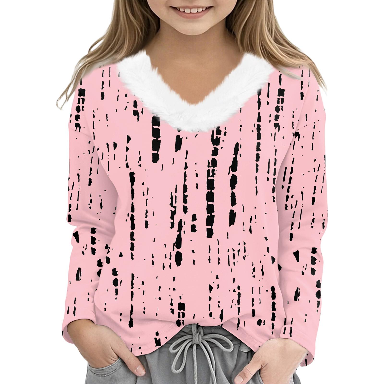 

Рождественские футболки с длинным рукавом для девочек, детская футболка с V-образным вырезом, рождественский принт, топ с длинным рукавом 130 розовый