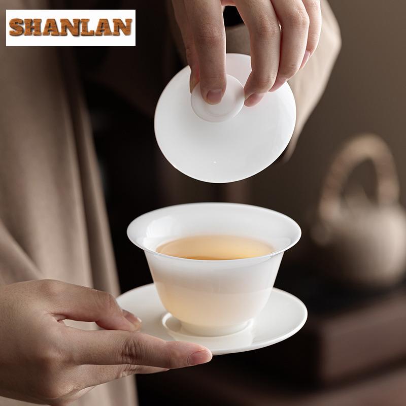 Mutton Fat Jade Porcelain Sancai Gaiwan Elegant Tea Tureen Tea Bowl With Lid Kit Tea Brewing Cover Bowl Chinese Tea Set Craft