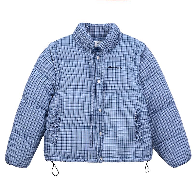 

Синяя клетчатая теплая короткая пуховая куртка с хлопковой подкладкой и воротником-стойкой для женской зимы 2025 года, свободная и утолщенная клетчатая куртка с хлопковой подкладкой L синий