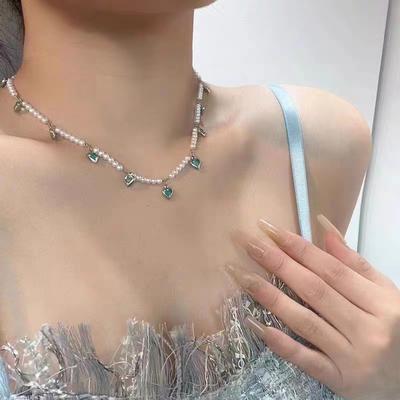 Pearl Blue Love Necklace Women's Light Luxury Niche Design Collarbone Chain Elegant Retro Sweet High-end Jewelry Accessories