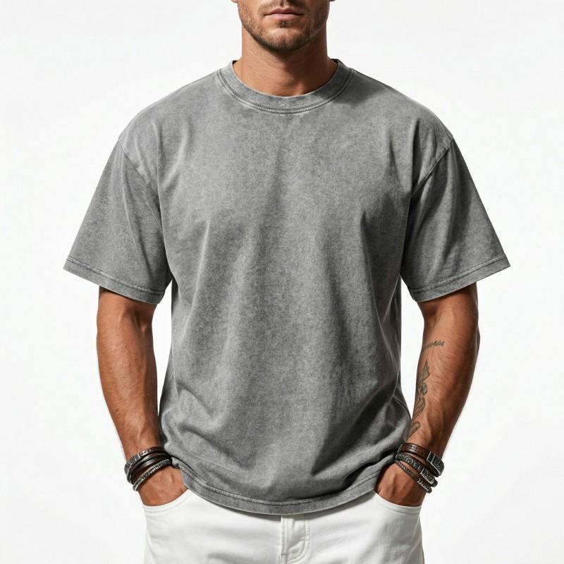 200G Washed Vintage T Shirt Men Loose Fit Cotton Short Sleeve American Style