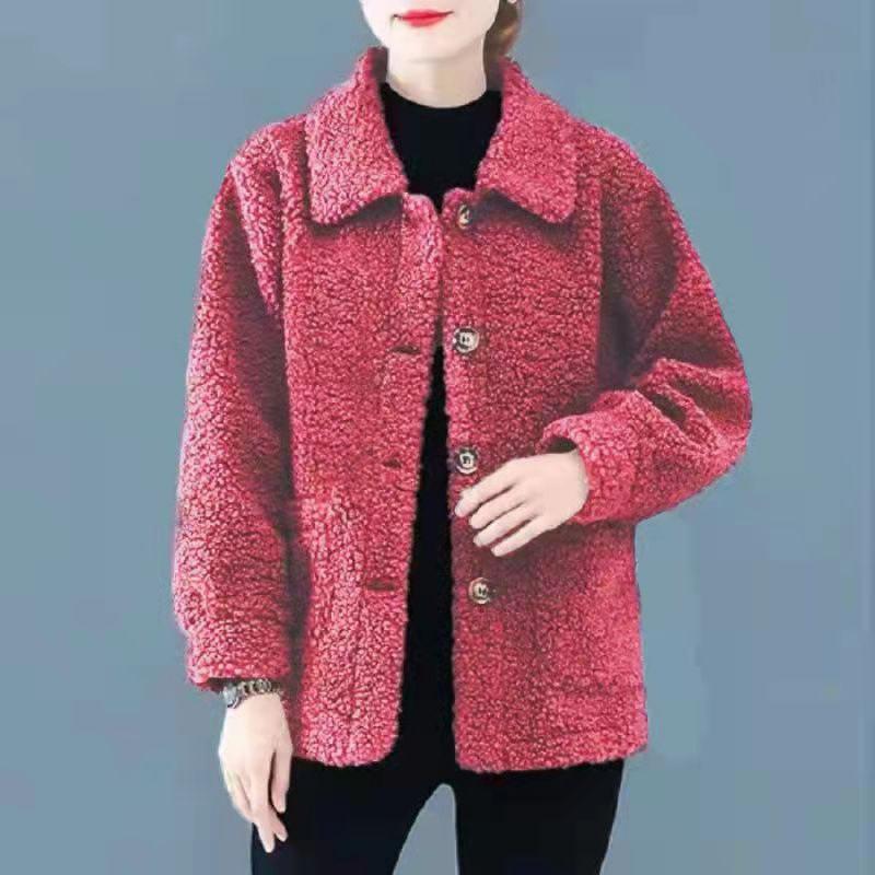 Lambskin Ladies Granular Fleece Cardigan Coat - Autumn/Winter Short Style for Middle-Aged Women
