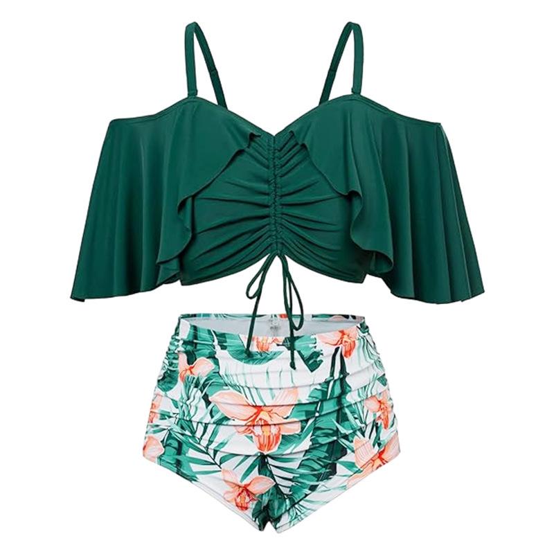 

Сексуальный купальник бикини на одно плечо с завязками и рукавами-лепестками лотоса L зелёный