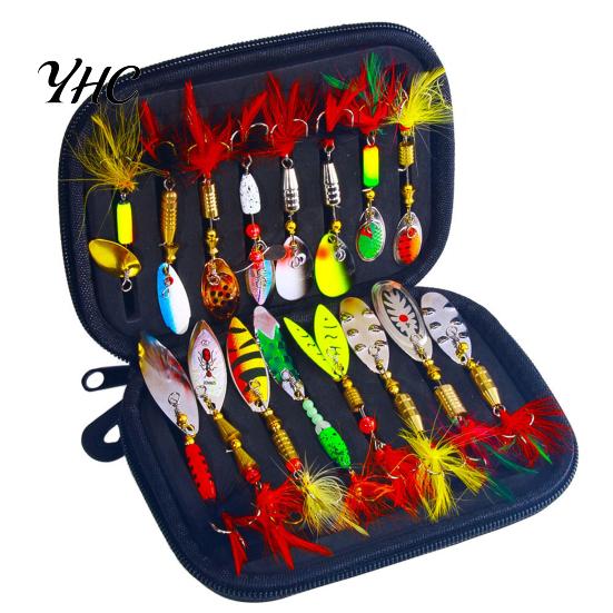Fishing Bait 16Pcs Lure Spinnerbait with Storage Box Treble Hook Sharp Fishhook Assortment Design Vibrant Color Realistic Spinner Artificial 16pcs