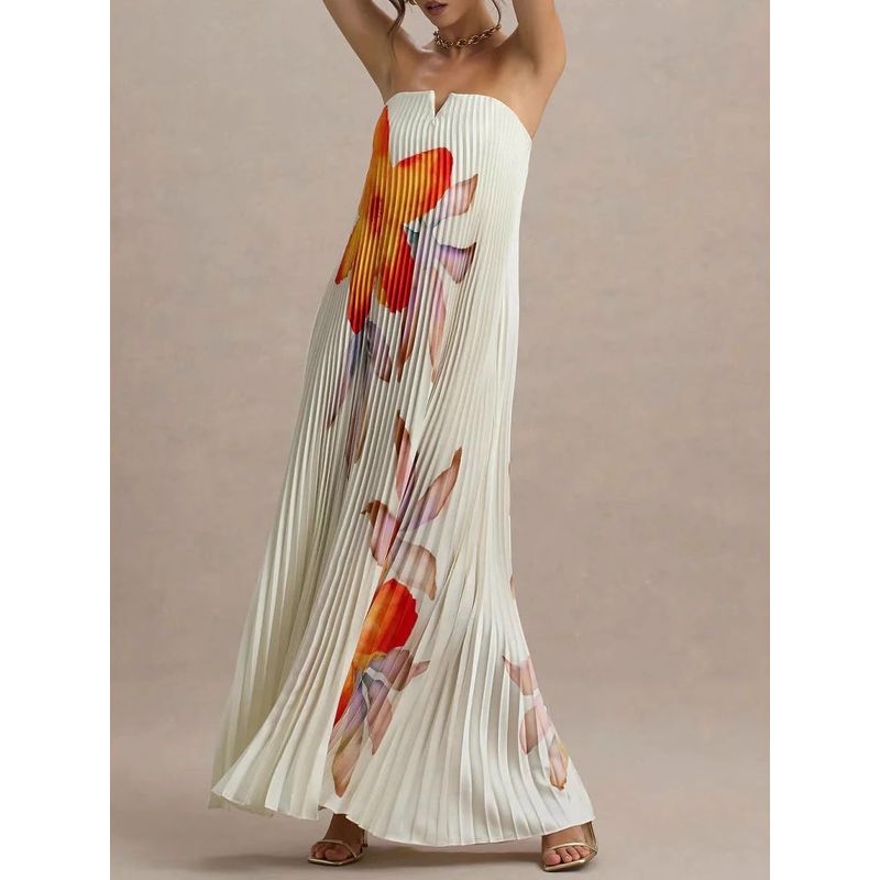 Fashion Export Print Tube Top Loose Heavy Industry Pleated Long Vacation Photo Maxi Dress Female