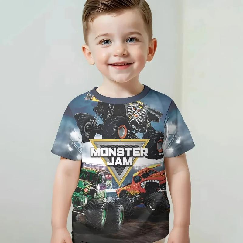 2026 Letnie Dziecięce Monster Jam Kreskówkowy Ciężarówka Nadruk 3D Okrągły Dekolt Krótki Rękaw Koszulki Outdoorowe Codzienne Topy Dla Chłopców Dziewcząt
