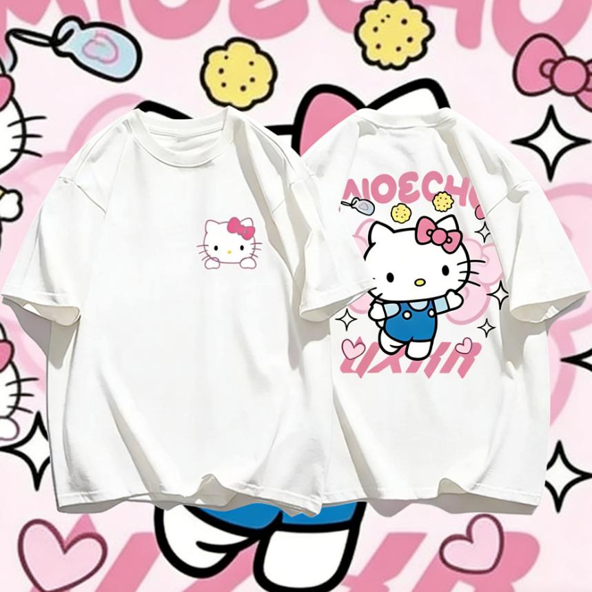 Sanrio 2026 Summer Comic Form Hello Kitty Image 100 Cotton Printed Casual Tshirt Adult Children Parentchild Top Homewear Y2k