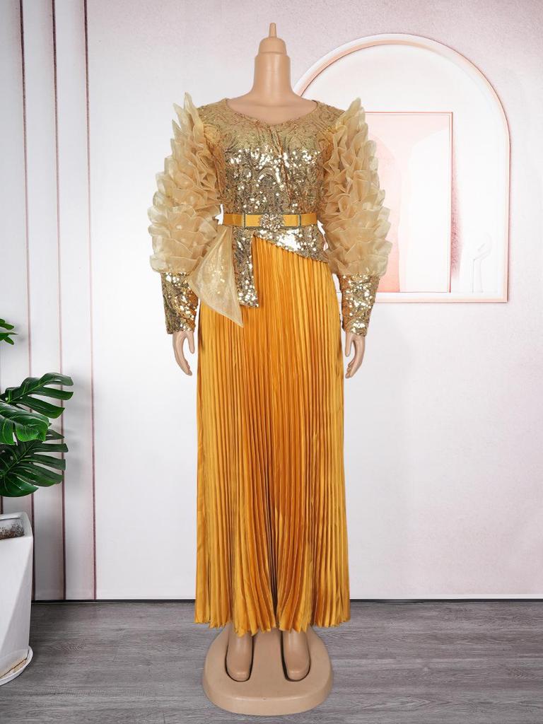 Plus Size High-Waisted Evening Gown with Rhinestones, Beads, and Sequins - New African Style