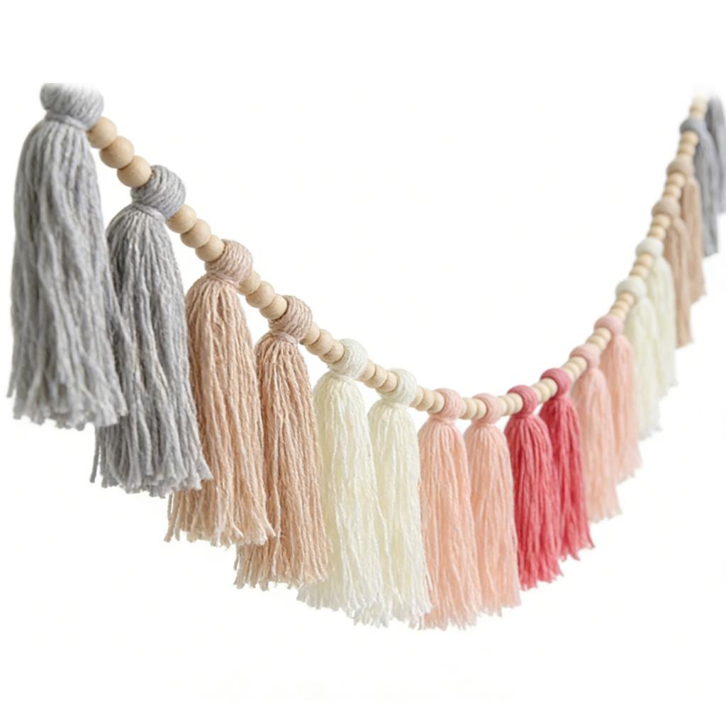 Boho Tassel Garland with Wood Beads Wall Hanging Tassel Banner for Classroom Bedroom Nursery Decoration Roseate
