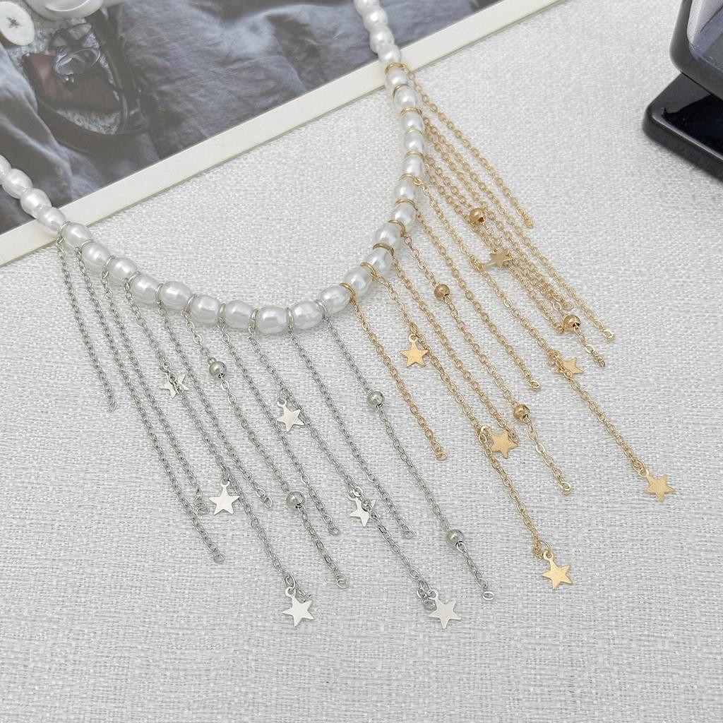 Imitationsperlen Quaste Perlen Choker Halskette für Frauen Liebesherz Anhänger Ketten Mehrlagig Trend Punk Silberfarbe Metall Party Schmuck Geschenk