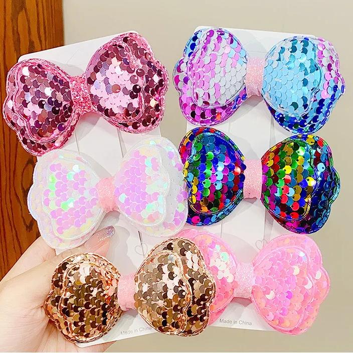 1pc Laser Sequins Bow Hair Clips Girls Children Headdress Bangs Side Duckbill Clip Sweet Cute Hair Styling Accessories Hairbands