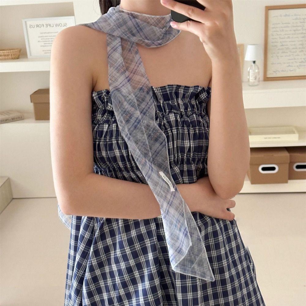 Bow Ties Plaid Pattern Long Silk Scarf Printed Long Ribbon Scarves  Neckerchief Decoration