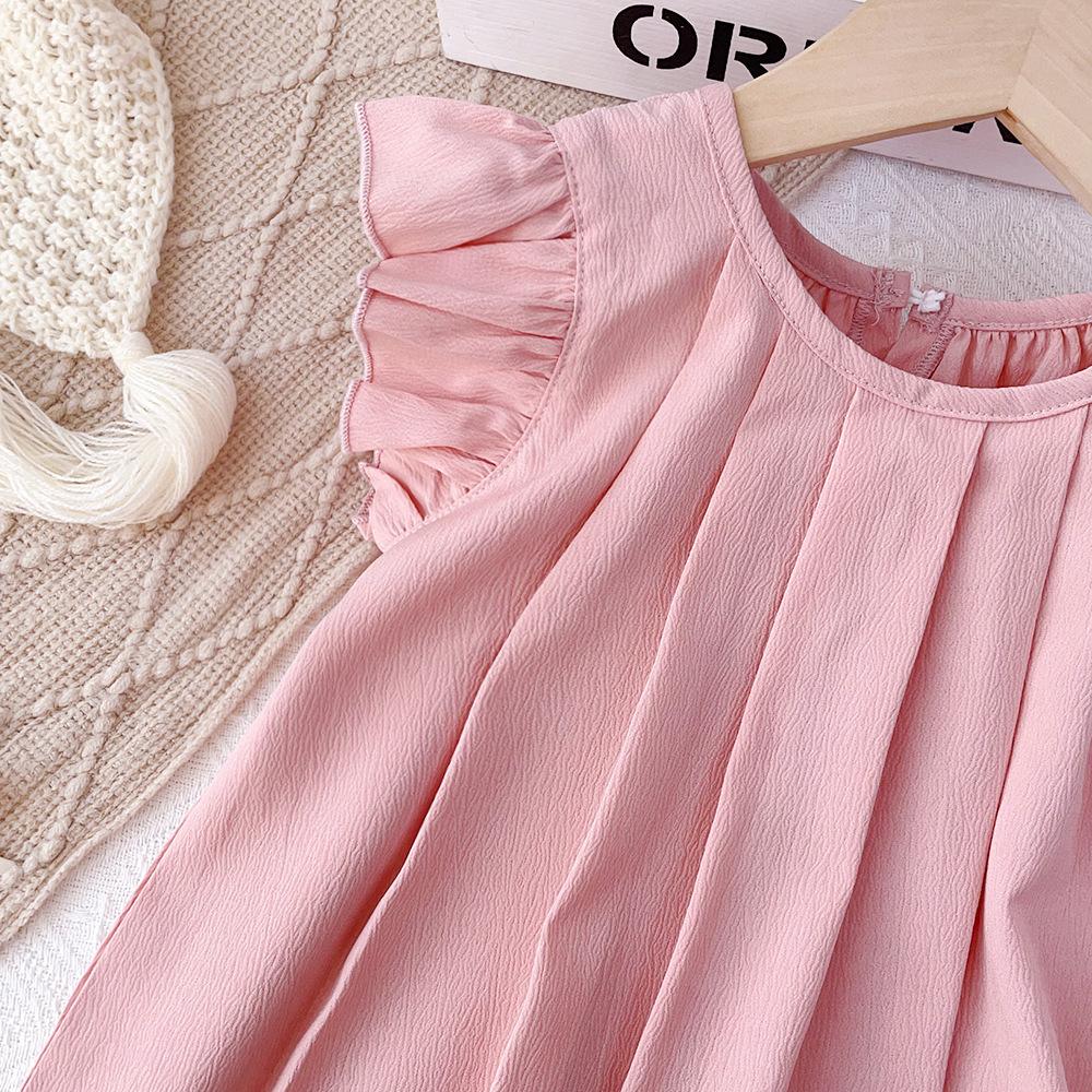 Vestito estivo tinta unita per bambina con maniche a volant, carino, stile principessa, casual, per feste per bambini