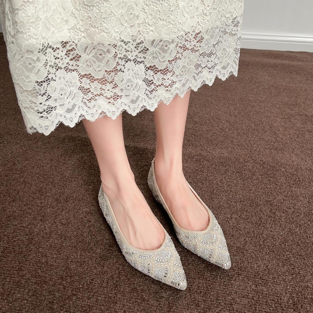 A33-8 Women's Rhinestone & Pearl Flat Wedding Shoes with Inner Height Boost