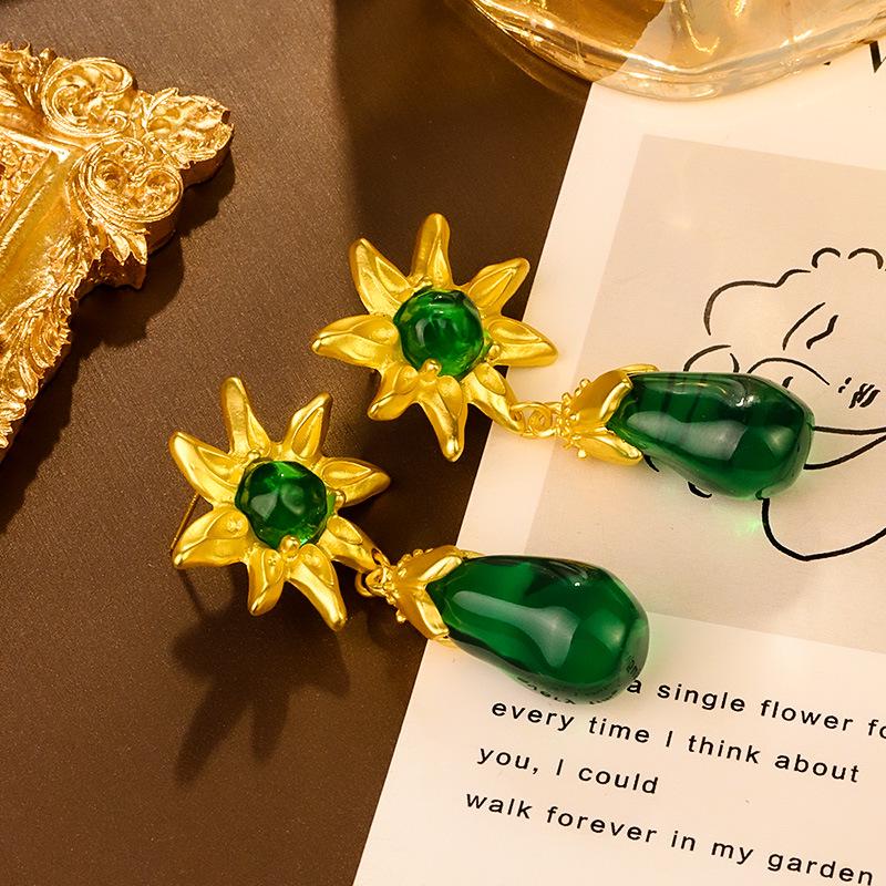Vintage French Retro Sunflower Imitation Glass Drop Earrings