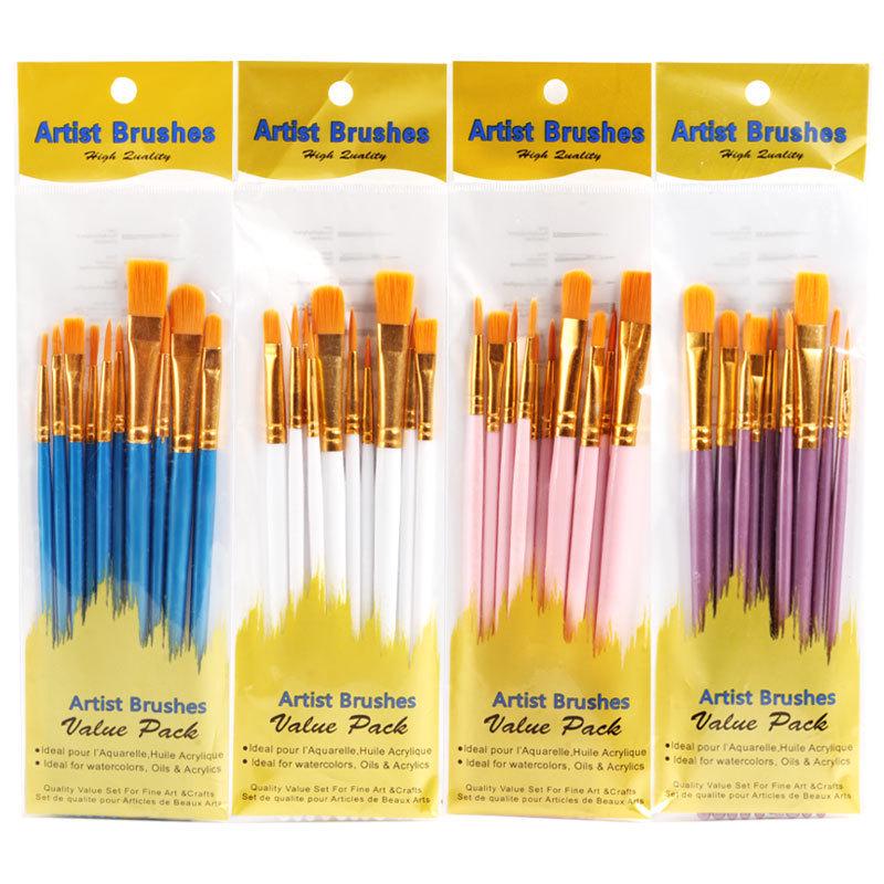 10-Piece Nylon Oil & Watercolor Brush Set - Flat & Pointed Tips Blue