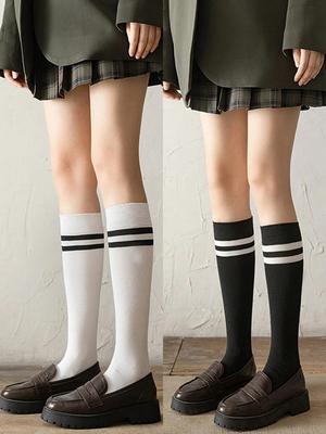2 Paia Calzini Al Ginocchio a Strisce Bianche e Nere da Donna Moda Classici Doppia Riga Calzini Comodi Assorbi Sudore Calzini Casual