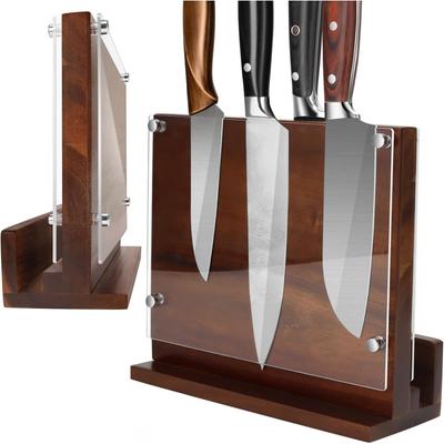 Kitchen Magnetic Knife Block with Acrylic Shield Acacia Wood Double Side Knife Holder Rack Stands with Strong Enhanced Magnets
