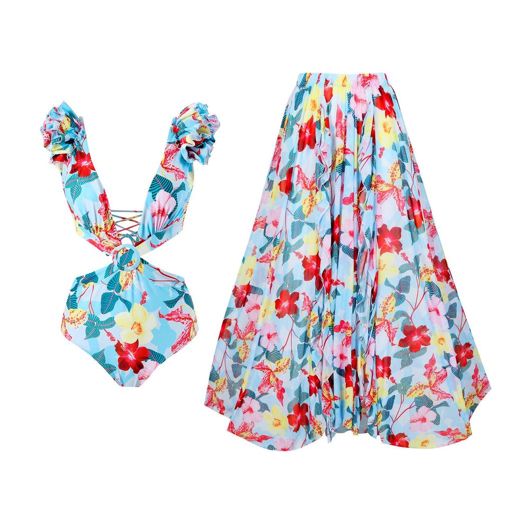 2025 Trendy Women's One-Piece Swimsuit Set with Bowknot Mesh Skirt - Solid Color