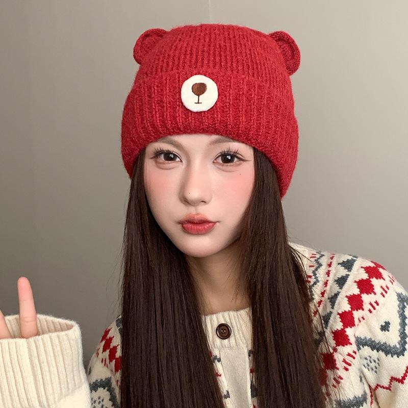 Autumn and Winter Commuting Warm Knitted Hat for Women Cute Bear Ear Protection Pullover Hat Outdoor Windproof and Coldproof Woolen Hat Trendy