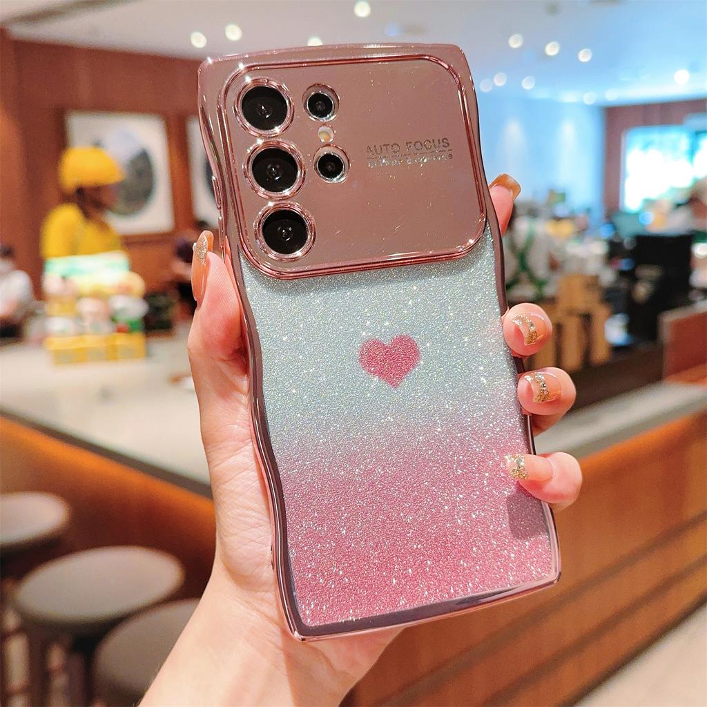 For Samsung Galaxy S24 Ultra Case Love Heart Gradient Glitter TPU Phone Cover Electroplating Curly Frame
