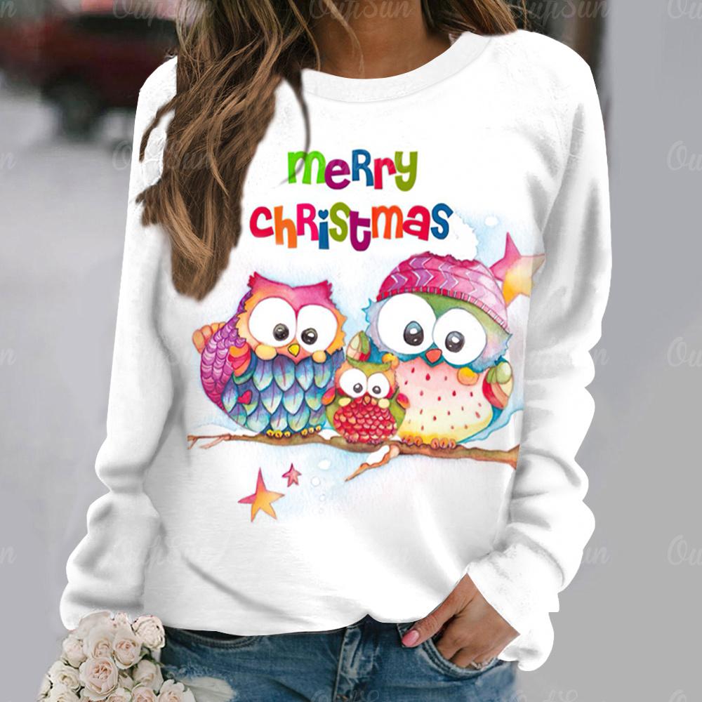 Cartoon Owl Pattern Cotton T-Shirt For Women Christmas Style Long Sleeve Tops Autumn O Neck Oversized Pullover Harajuku Sweater