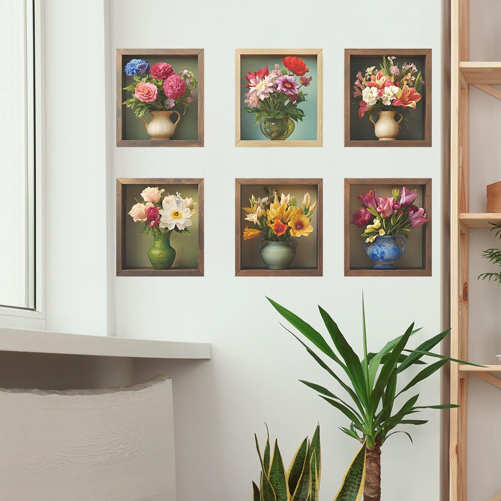6 Stück Selbstklebende Bemalte Vase Schlafzimmer Wohnzimmer Zuhause Hintergrundwand Verschönerung Wandaufkleber