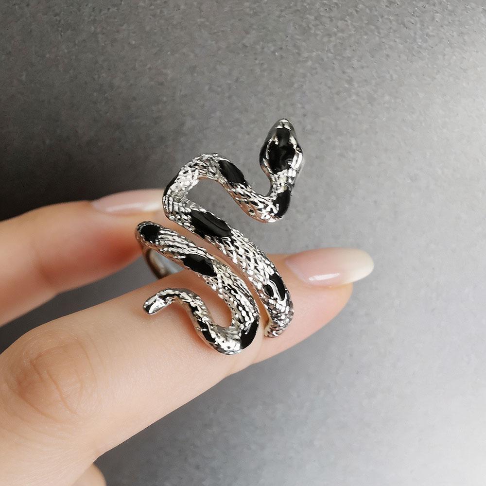 Snake Shaped Open Ring For Women Men Vintage Green Enamel Zircon Irregular Adjustable Finger Rings Jewelry