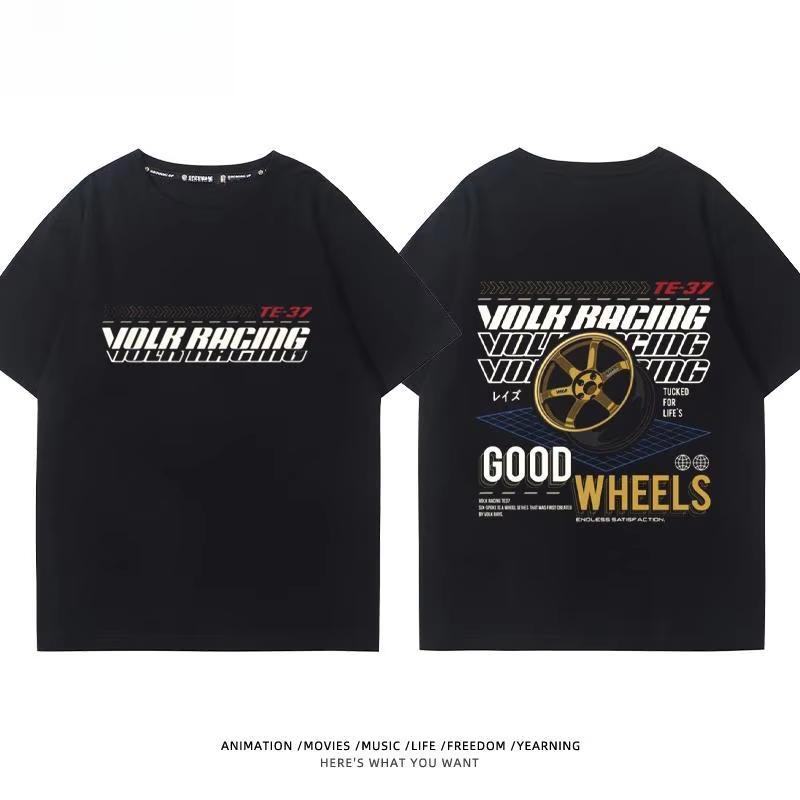 Japanese Car Modified Rim TE37 Wheel Hub Modified Car JDM Short-sleeved T-shirt Men's and Women's Cotton Half-sleeved Top