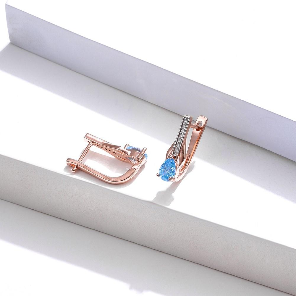 Blue Water Drop Shaped Zircon Rose Gold Clip Earrings
