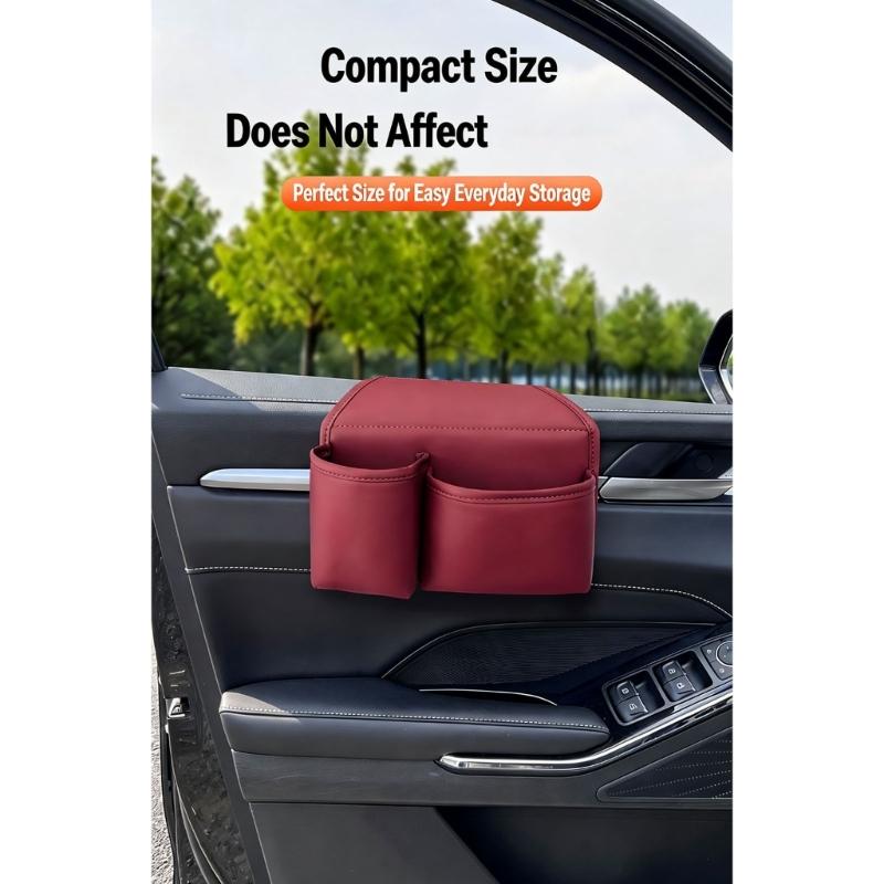 Car Interior Door Bag with Separate Compartments and PU Leather Finish for Phones, Cards, and Cables on Daily Drives