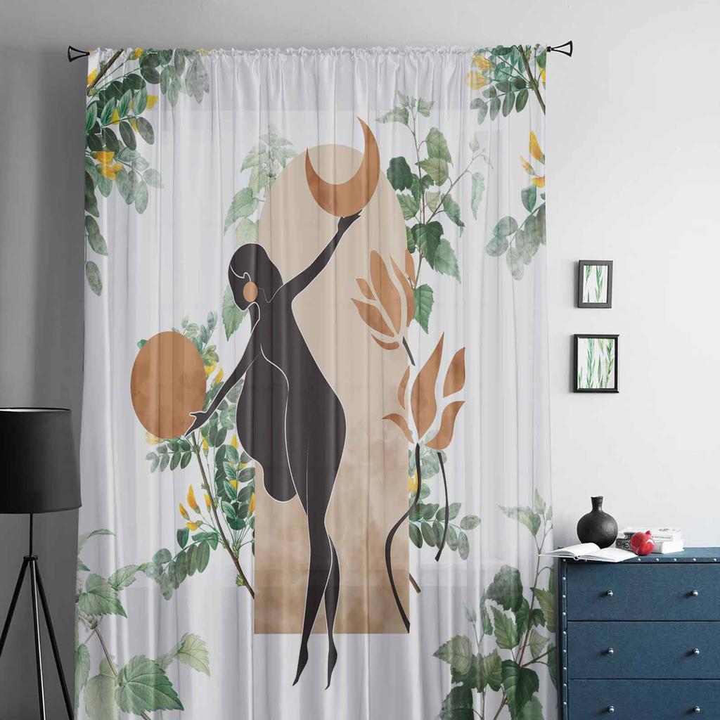 Böhmischer abstrakter weiblicher Silhouette-Blatt-Aquarell-Tüll-Fenstervorhang für Schlafzimmer, Luxus-Vorhänge im Wohnzimmer, Chiffon-Paneele