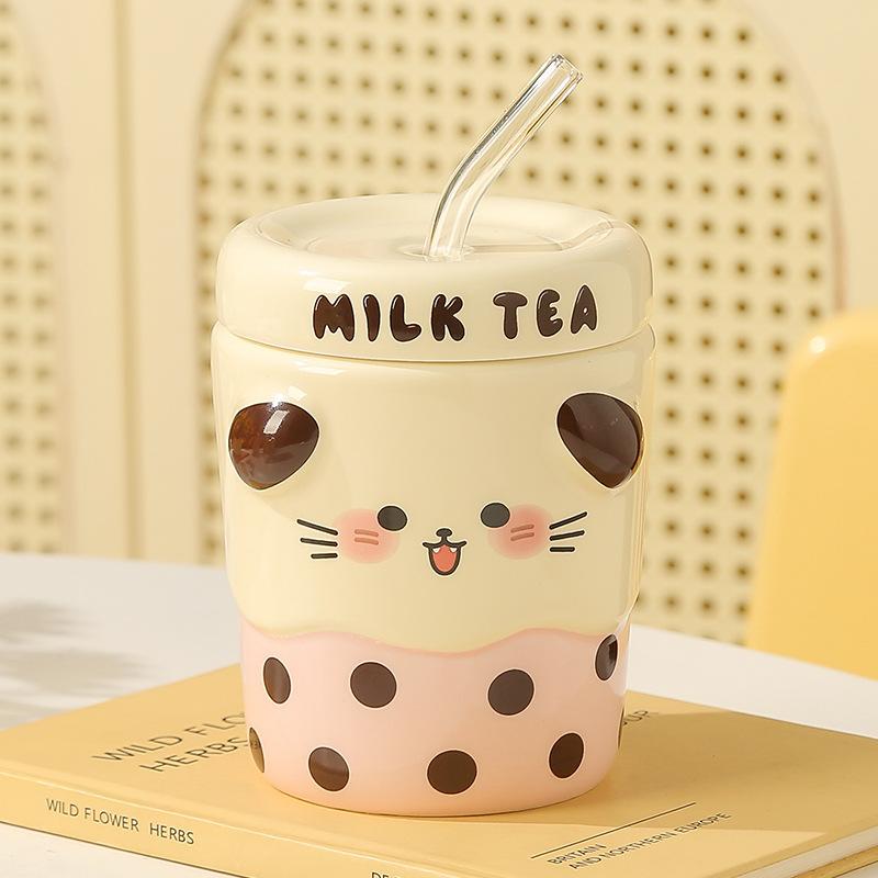 Kreativer Cartoon Milchshake Keramikbecher mit Deckel, Pärchenbecher, Haus- und Bürokaffee-Frühstücksbecher Geschenk