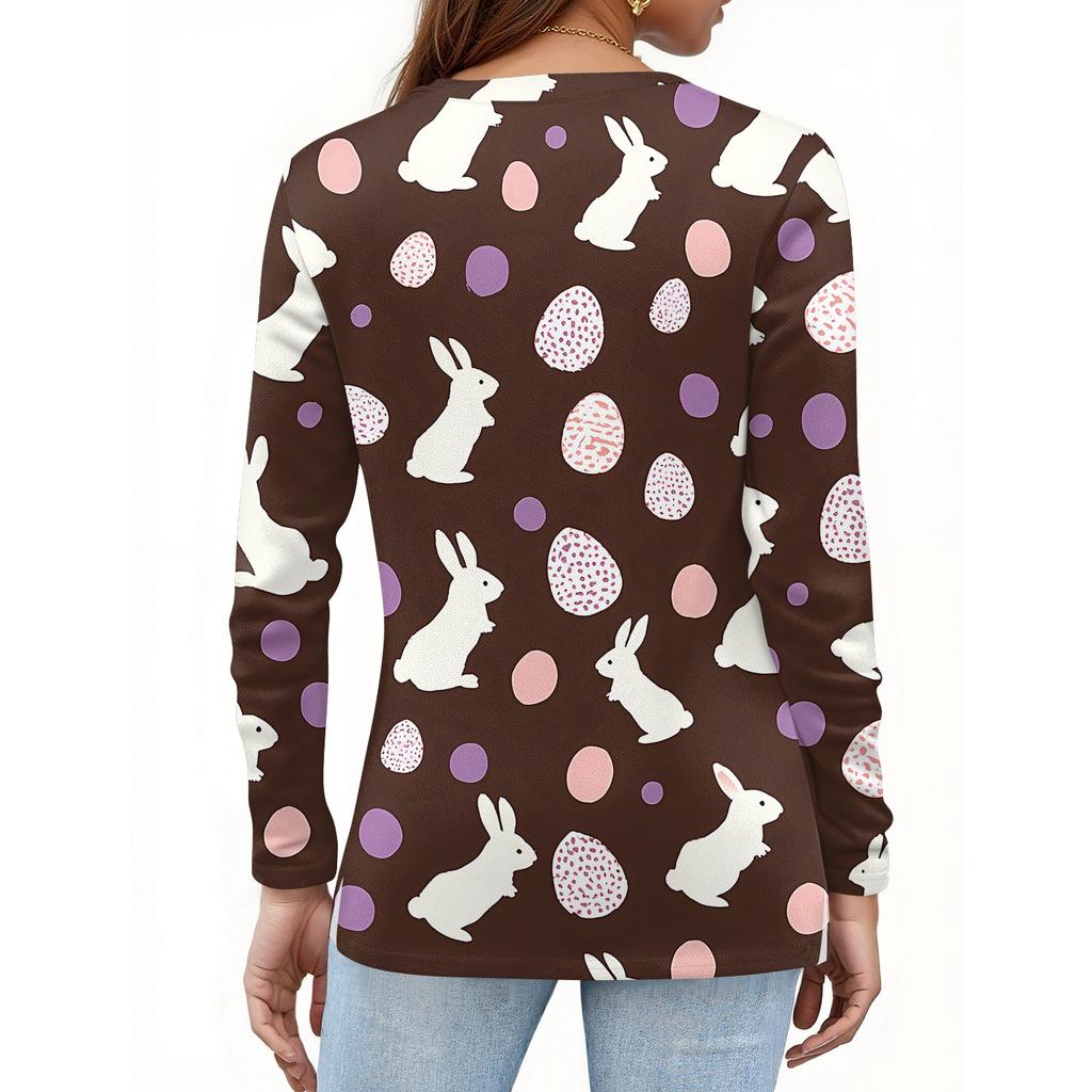 Damenmode Lässig Schlitz Saum Rundhals Langarm Lose Bedrucktes T-Shirt Damen Top