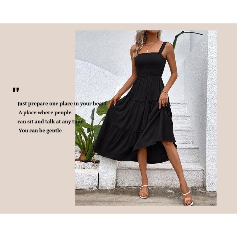 Women's Casual Vacation Versatile Solid Color Suspender Square Collar Summer Waist-hugging Dress