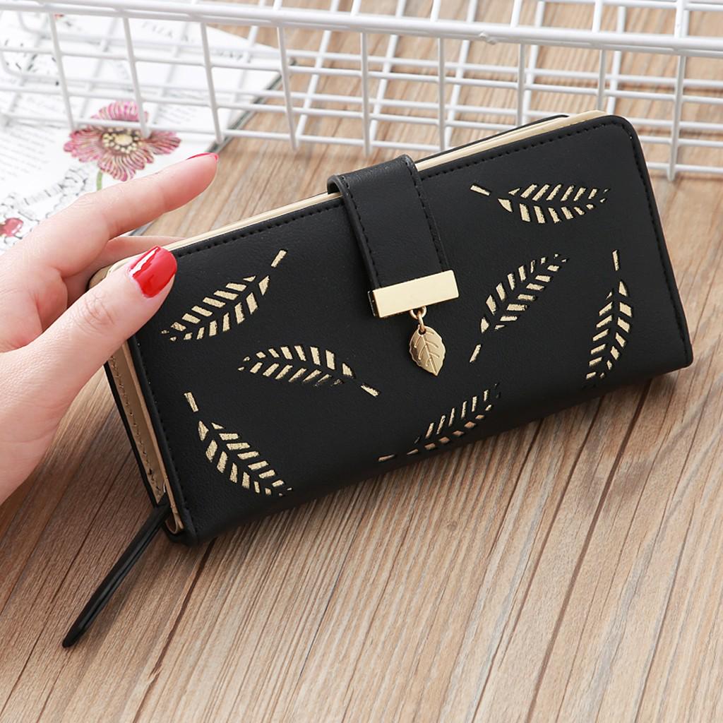 Women’ s Fashion Trend Color Long Fringed Hollow Leaf Leather Card Wallet чёрный