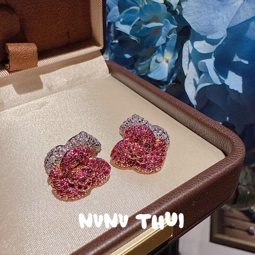 Jewelry, Red Rose Necklace, Silver Light Luxury Sweet Princess Carmine Rose Gradual Change Zircon Earrings Set