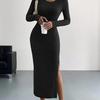 2023 Autumn/Winter Women's Long-Sleeve Knitted Slit Dress
