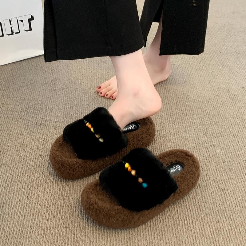 Thick-soled Fluffy Slippers Women's Outer Wear 2025 New Autumn Small Versatile Cotton Slippers Foreign Style Heightening Shoes